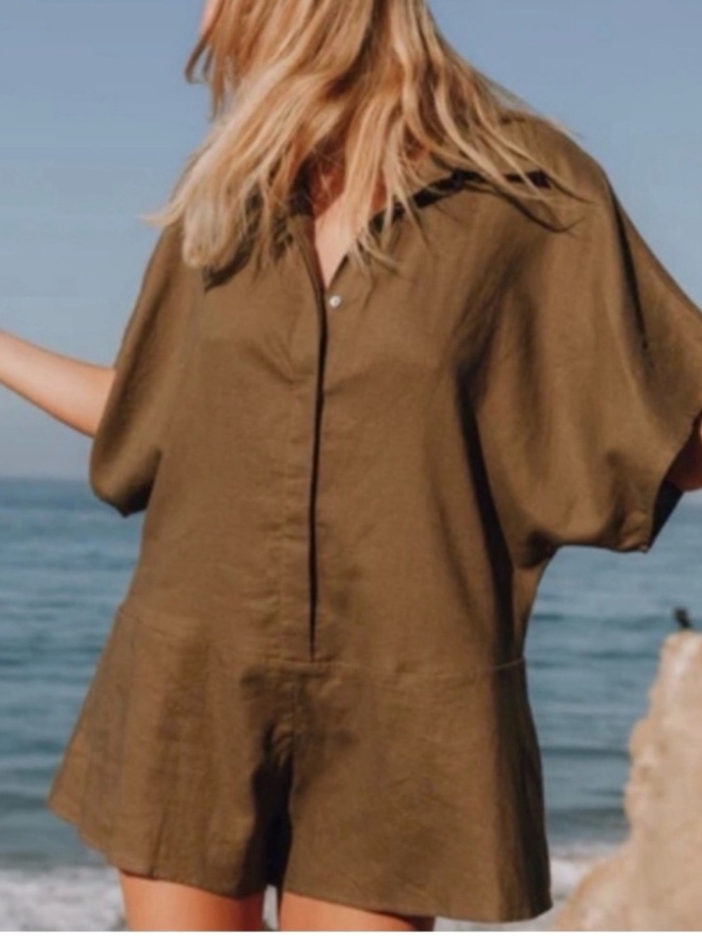 Daily Drills Linen Green Button Down Romper M/L